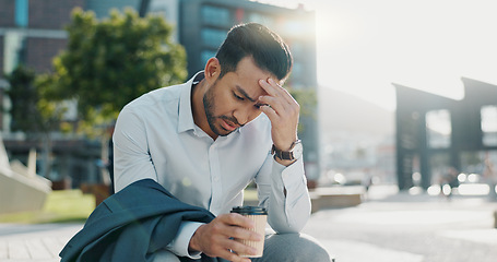 Image showing Business man, stress and unemployment in city with worry, anxiety or sad for job loss on sidewalk. Professional person, employee and mental health in stock market crash, recession or financial crisis