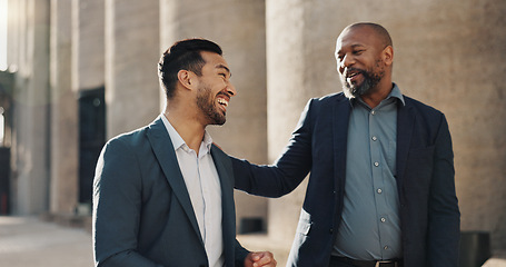 Image showing Business men, friends and walk in city with laughing, funny conversation or memory on commute to workplace. Staff, employees or people with chat, talking and happy with comic story, gossip or news