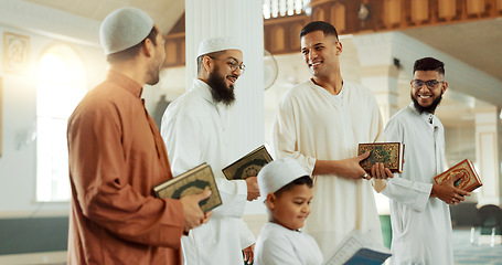 Image showing Islam, smile and group of men in mosque with child, mindfulness and gratitude in faith. Worship, religion and Muslim people together in holy temple for conversation, spiritual teaching and community.