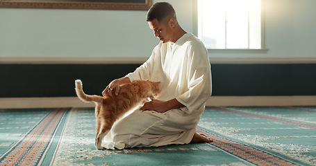 Image showing Cat, islamic and man with pet in a mosque for praying, peace and spiritual care in holy religion for Allah. Respect, gratitude and Muslim person with kindness for animal or kitten after worship