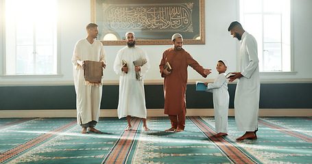 Image showing Islam, men and together in mosque for religion, spirituality or learning in Ramadan class for prayer to God. Muslim friends, family or people and community for culture, Eid Mubarak or praise to Allah