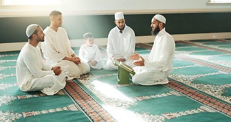 Image showing Islam, prayer and group of men in mosque with child, mindfulness and gratitude in faith. Worship, religion and Muslim people together in holy temple for praise, spiritual teaching and peace with boy.