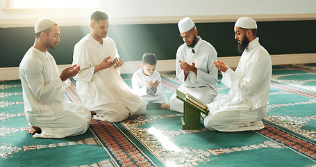 Image showing Muslim, praying and men with child in Mosque for spiritual religion together as family to worship Allah in Ramadan. Islamic, Arabic and holy people with peace or respect for gratitude, trust and hope