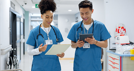 Image showing Hospital, nurse and people with tablet in discussion with analysis of results and health report in clinic. Healthcare, teamwork and medical students with tech for diagnosis, research or collaboration