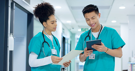 Image showing Hospital, nurse and people with tablet in discussion with analysis of results and health report in clinic. Healthcare, teamwork and medical students with tech and planning research or collaboration