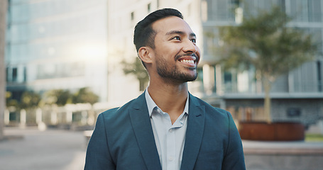 Image showing Business, travel and happy asian man in a city street with vision, dream or job opportunity outdoor. Face, smile or Japanese male entrepreneur in New York for startup, mission or career, goal or idea