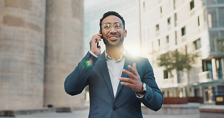 Image showing Asian businessman, phone call or talking by buildings in city, office view or walk to workplace in accounting career. Young person, greet and smartphone in connection and communication in cbd in town