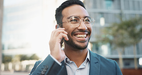 Image showing Asian businessman, phone call or happy with talking in city, office buildings or view of workplace in professional career. Young lawyer, chat or smartphone in connection or discussion in cbd in town