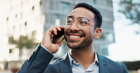 Image showing Asian businessman, phone call or happy by buildings in city, office view or talking by workplace in professional career. Young lawyer, chat or smartphone in connection or communication in cbd in town