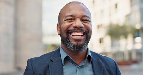 Image showing Face, business and laughing black man in city outdoor in the morning on lens flare. Portrait, happy and professional lawyer in town, attorney and funny employee working in South Africa for career