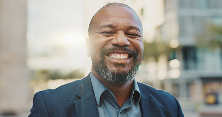 Image showing Face, business and laughing black man in city outdoor in the morning on lens flare. Portrait, happy and professional lawyer in town, attorney and funny employee working in South Africa for career