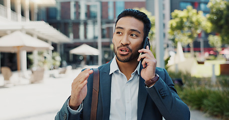 Image showing Phone call, happy and businessman walking in town to work with communication for legal deal. Smile, talking and professional male attorney on mobile conversation for law case commuting in urban city.