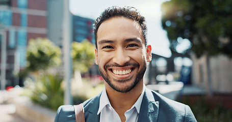 Image showing Face, happy and business man in street outdoor in the morning for travel, commute or trip. Portrait, smile and professional lawyer in city, attorney and employee working in Mexico for career or job