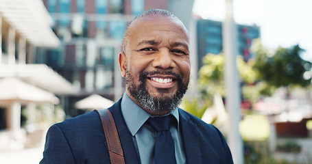 Image showing Smile, face and mature businessman in the city with positive, good and confident attitude. Happy, portrait and professional African male lawyer with legal career standing in urban town street.