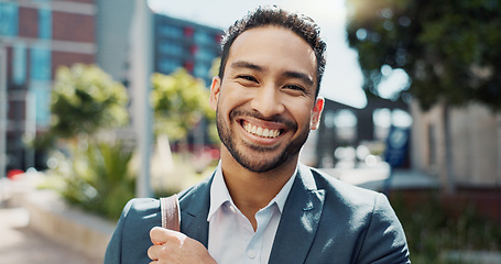 Image showing Face, happy and business man in city outdoor in the morning for travel, commute or trip. Portrait, smile and professional lawyer in town, attorney and employee working in Mexico for career or job