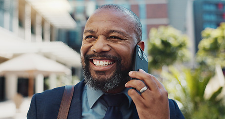 Image showing Phone call, smile and African businessman in city to work with communication for legal deal. Happy, talking and professional male attorney on mobile conversation for law case walking in urban town.