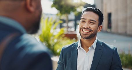 Image showing Business people, laughing and talking outdoor in city with morning commute, partnership and travel. Employees, workers and chat with conversation, collaboration and happy for networking in urban town