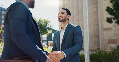 Image showing Business men, friends and handshake in city for greeting, hello and meeting with respect, smile and welcome. People, professional staff and happy for shaking hands, deal or agreement for networking