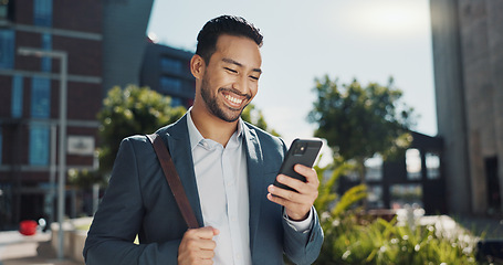 Image showing Business man, phone text and city with entrepreneur, smile and happy from morning commute and travel. Confidence, view and urban building with an male professional with social media and mobile