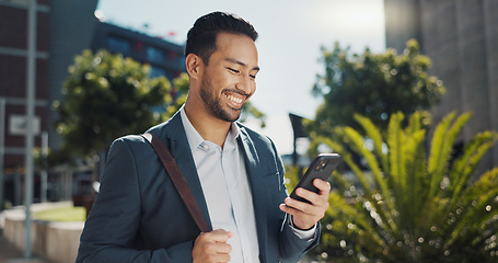Image showing Business man, phone text and city with entrepreneur, smile and happy from morning commute and travel. Confidence, view and urban building with an male professional with social media and mobile