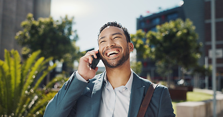 Image showing Phone call, smile and businessman commuting in city to work with communication for legal deal. Happy, talking and professional male attorney on mobile conversation for law case walking in urban town.