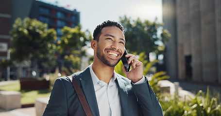 Image showing Phone call, smile and businessman commuting in city to work with communication for legal deal. Happy, talking and professional male attorney on mobile conversation for law case walking in urban town.