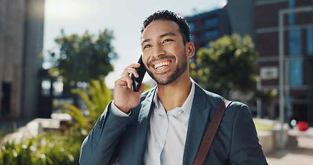 Image showing Phone call, smile and businessman commuting in city to work with communication for legal deal. Happy, talking and professional male attorney on mobile conversation for law case walking in urban town.