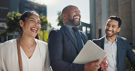 Image showing Business people, talking and walking by office buildings in morning, collaboration and travel to workplace in discussion. Teamwork, laughing and accountant with ambition and working in town in cbd