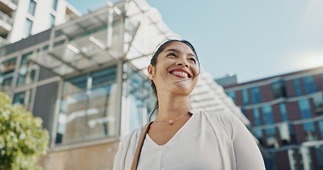 Image showing Thinking, planning and business woman in the city looking for ideas or brainstorming for project. Smile, question and professional young female person with positive attitude in urban town street.