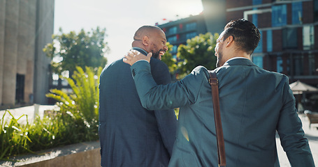 Image showing City, funny and walking with business men outdoor together on morning commute to corporate job. Collaboration, travel or back with mentor and employee laughing on sidewalk or street of urban town