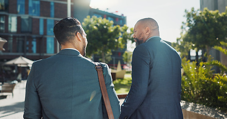 Image showing City, funny and walking with business men outdoor together on morning commute to corporate job. Collaboration, travel or back with mentor and employee laughing on sidewalk or street of urban town