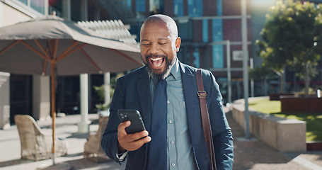 Image showing Business man, phone and celebration in city for profit, success or investment revenue on fintech. African professional person, smartphone and winner for cheers, smile or bonus in stock market trading