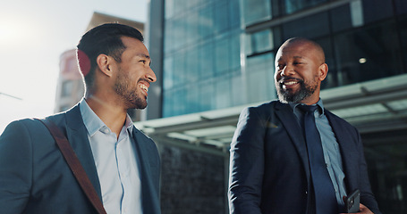 Image showing City, laughing and walking with business men outdoor together on morning commute to corporate job. Collaboration, travel or funny with mentor and employee on sidewalk or street of urban town