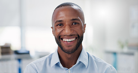 Image showing Smile, pride and face of businessman in office with positive, good and confident attitude for legal career. Happy, professional and portrait headshot of young male lawyer in modern workplace.