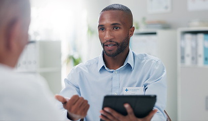 Image showing Man, doctor and tablet with patient for consulting, diagnosis or steps in healthcare at hospital. Male person or medical employee talking or explaining with technology in consultation for checklist