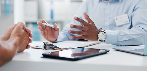 Image showing Hands, doctor and patient with clipboard for results, insurance paperwork and tablet for healthcare. People, medic and checklist with pen in consultation, counselling or discussion in hospital office