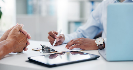 Image showing Man, hands and doctor consulting patient with clipboard, documents or insurance for healthcare at hospital. Closeup of male person or medical employee in consultation, advice or help at clinic desk