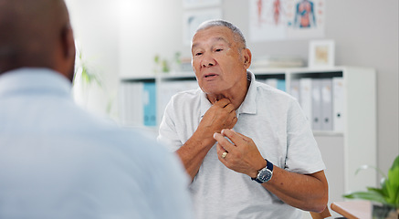 Image showing Senior, man and consulting doctor on chest pain, sore or discomfort in healthcare hospital. Mature, male person or patient talking to medical employee for heart ache, breathing or illness at clinic