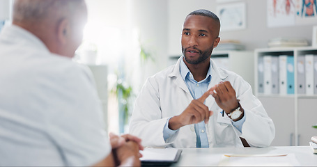 Image showing Doctor, patient and consultation with conversation for healthcare, people in office with advice or instructions for medication. Treatment, medical info and elderly care with communication at clinic