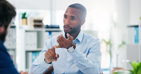 Image showing Business, black man and consultation with client, discussion and lens flare in office. Meeting, conversation and professional advisor planning, explain or communication for brainstorming work project