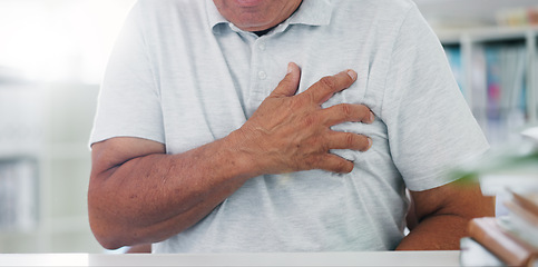 Image showing Man, hands and chest pain with heart, illness or cancer in discomfort, emergency or healthcare at hospital. Closeup of male person or patient with sore body, ache or breathing problem at clinic