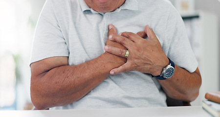 Image showing Hands, chest pain and heart attack, old person and cardiovascular health with emergency and angina. Heartburn, hypertension or lung disease, sick with asthma or stroke in medical crisis from stress