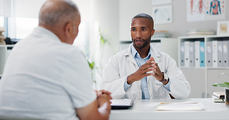Image showing Doctor, patient and consultation with conversation for healthcare, people in office with advice or instructions for medication. Treatment, medical info and elderly care with communication at clinic