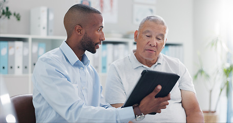 Image showing Physiotherapy, tablet and senior man consulting physiotherapist for results, feedback or recovery plan. Chiropractic, advice and elderly client in consultation room or clinic for help, discussion or