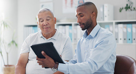 Image showing Physiotherapy, tablet and senior man consulting physiotherapist for results, feedback or recovery plan. Chiropractic, advice and elderly client in consultation room or clinic for help, discussion or