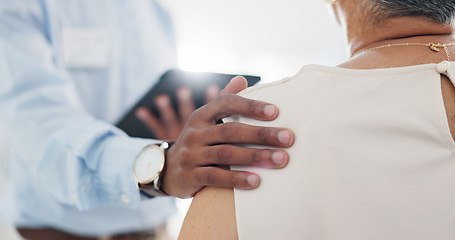 Image showing Patient, physiotherapy and hand with tablet or healthcare support or online results in joint pain, inflammation or recovery. Person, fingers and shoulder in clinic or consultation, injury or internet