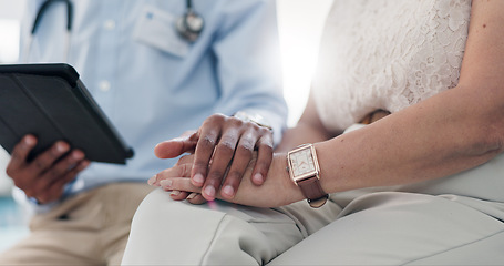 Image showing Holding hands, doctor and patient on tablet with comfort for results, cancer and empathy for kindness. People, medic or digital touchscreen with consultation, counselling or solidarity in hospital