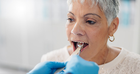 Image showing Patient, doctor and tongue depressor for throat assessment in clinic for respiratory infection, inflammation or wellness. Elderly woman, man and mirror for healthcare consultation, diagnosis or exam