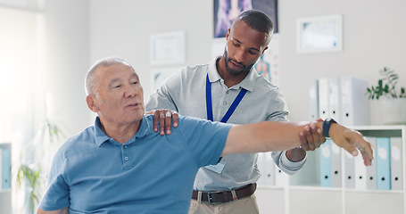 Image showing Old man, physiotherapist and arm stretching for training mobility in retirement or rehabilitation, wellness or injury. Elderly person, muscle support and performance help, recovery or consultation