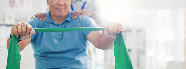 Image showing Resistance band, physical therapy and old man with physiotherapist, muscle training and strength with senior care. Health, wellness and people at physio clinic with rehabilitation and equipment